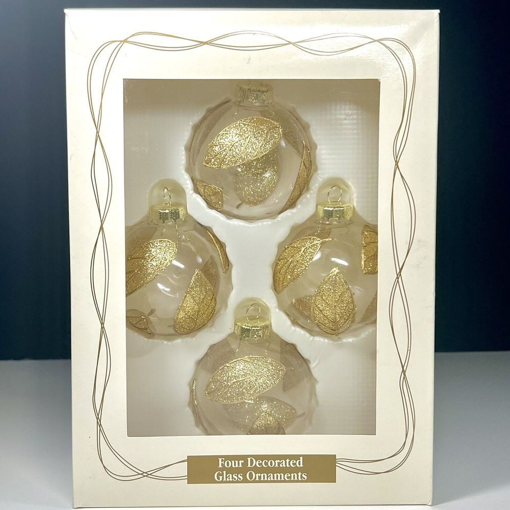 Vintage 2001 Gold Leaf Decorated Glass Ornaments Round Target Original Box Set 4